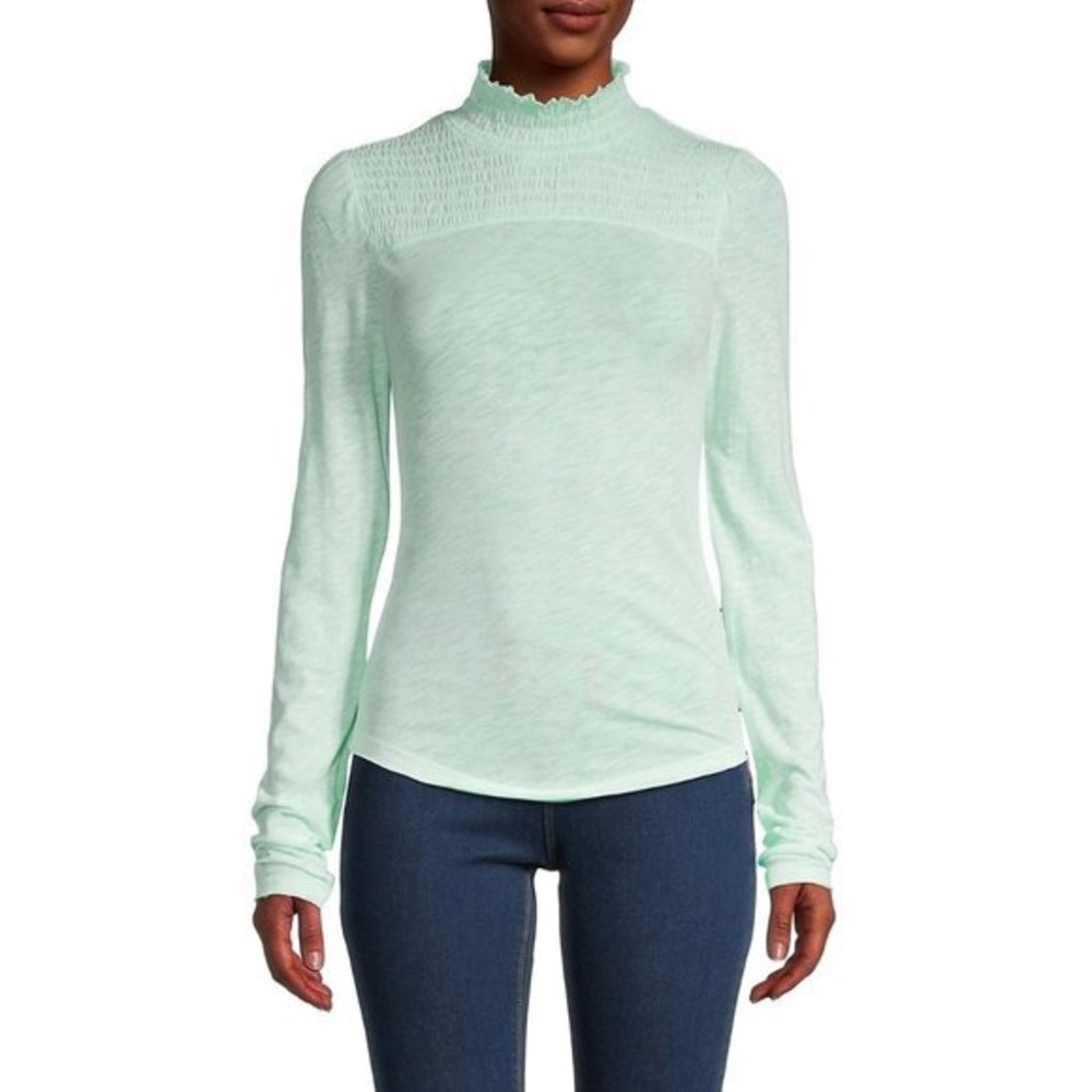NWT Free People Caroline Smocked Turtleneck Top - Iced Aqua - XS